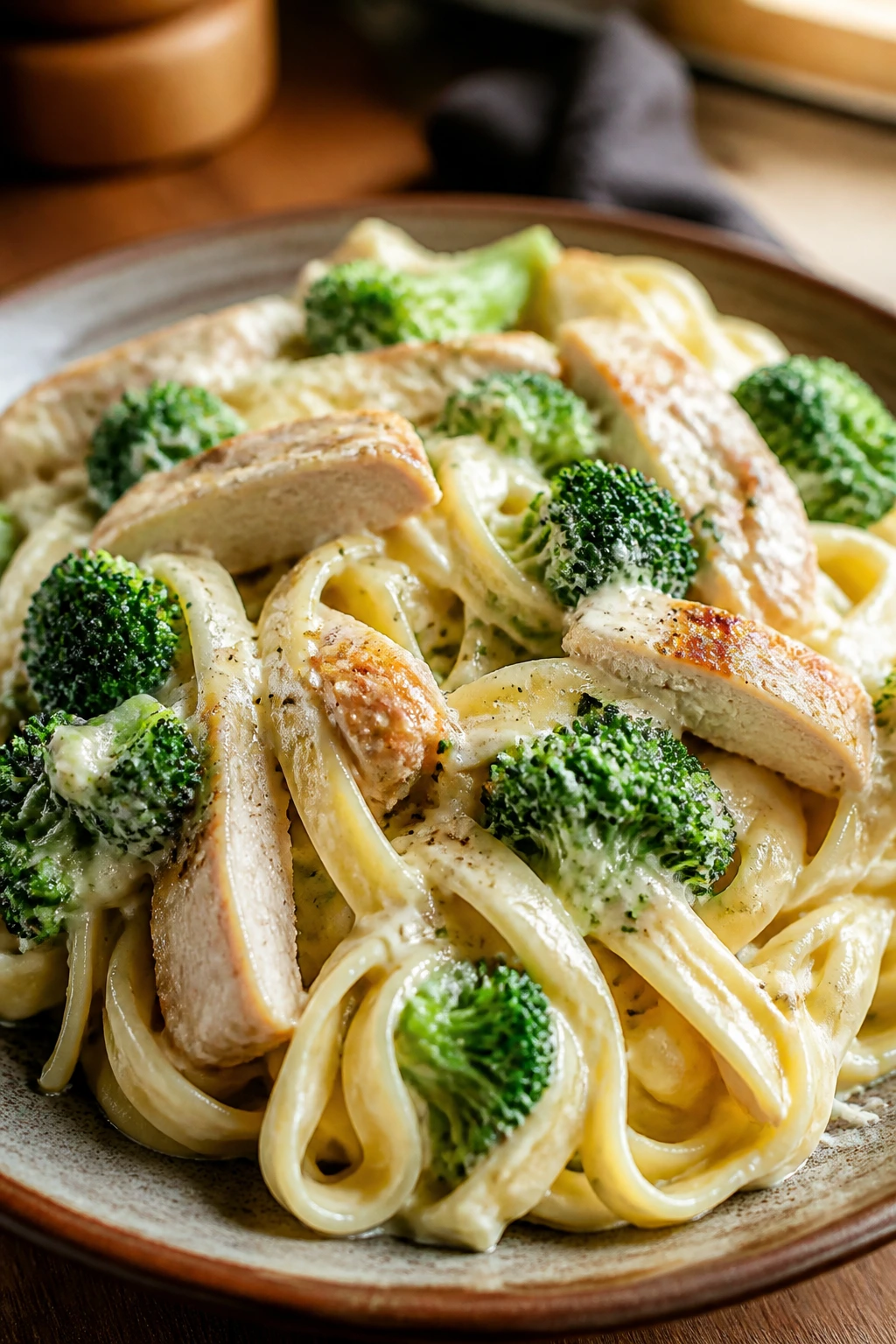 Creamy chicken broccoli alfredo pasta on a rustic plate