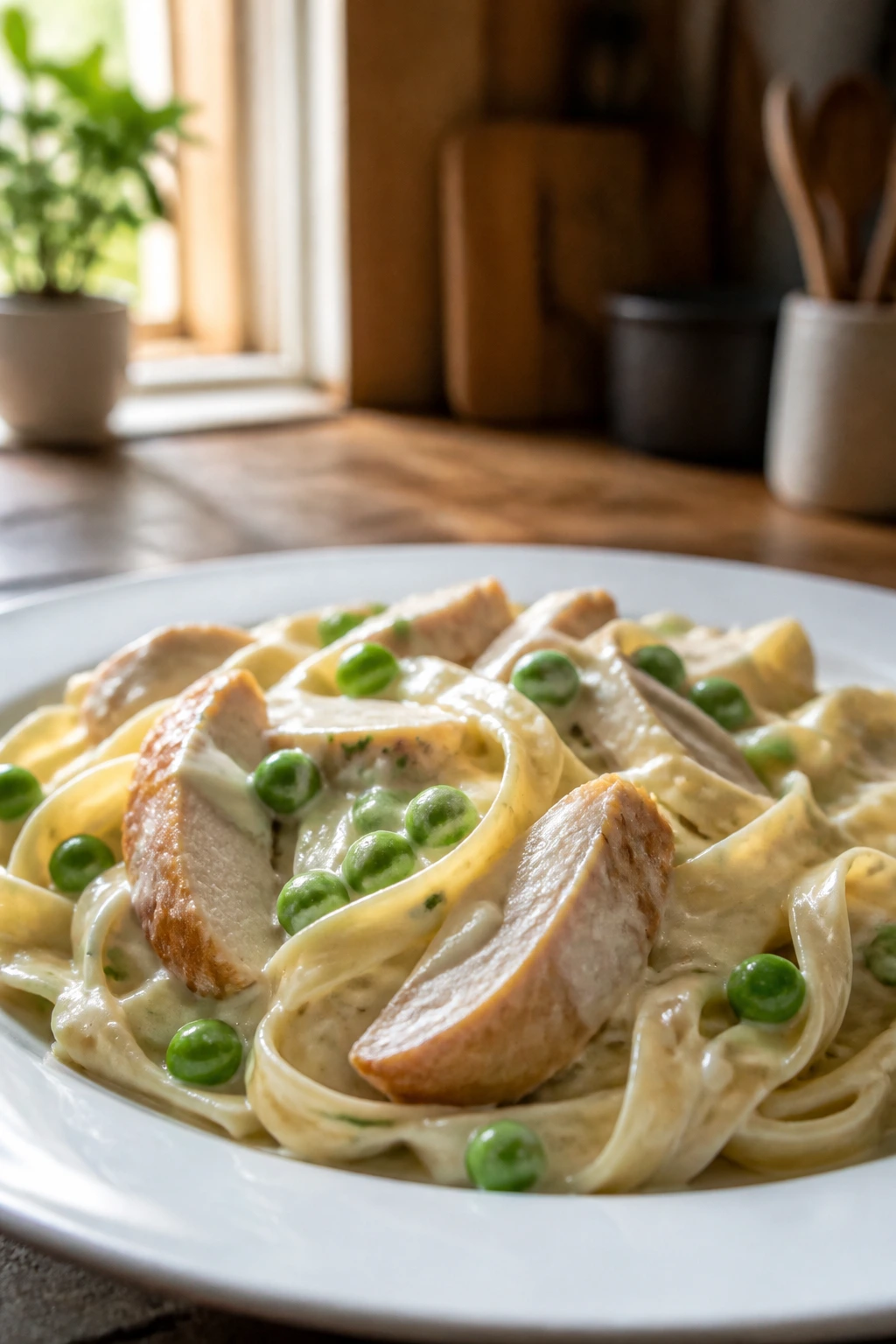 Creamy chicken alfredo with peas on a plate
