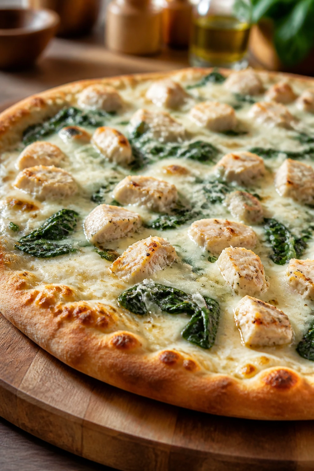 Alfredo chicken spinach pizza on a wooden board