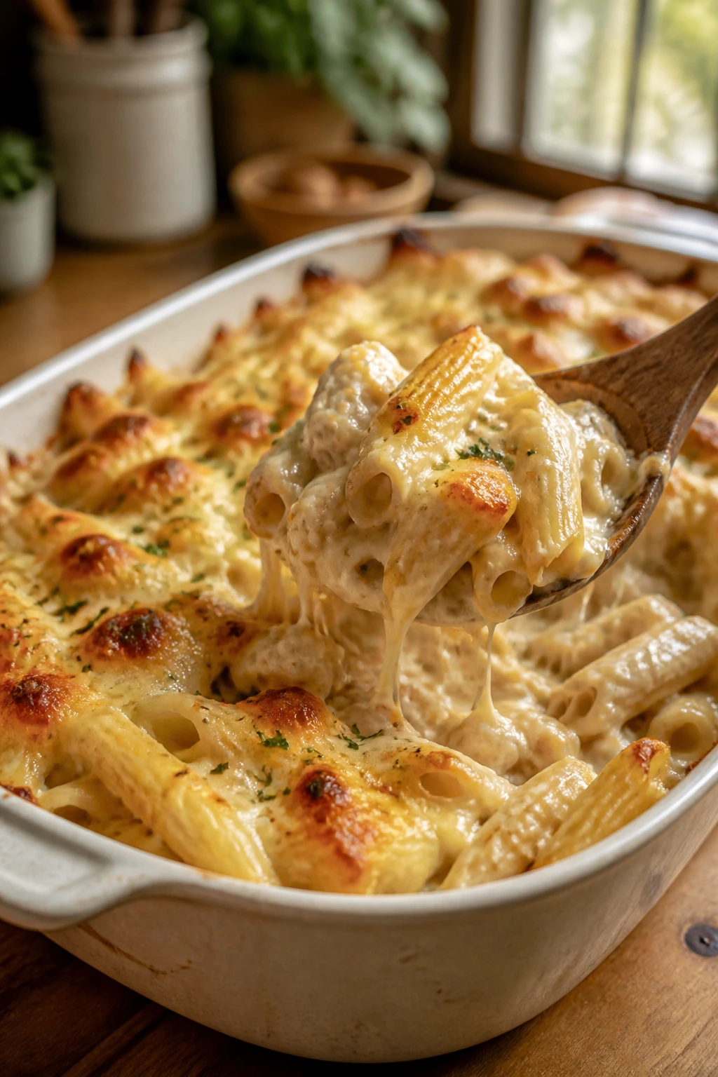 Close-up of creamy chicken Alfredo baked ziti in a baking dish