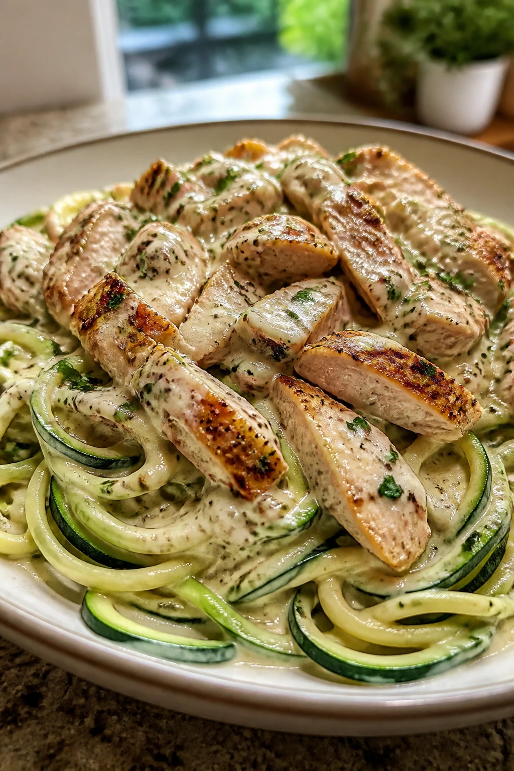 Close-up of creamy chicken Alfredo on zucchini noodles on a plate