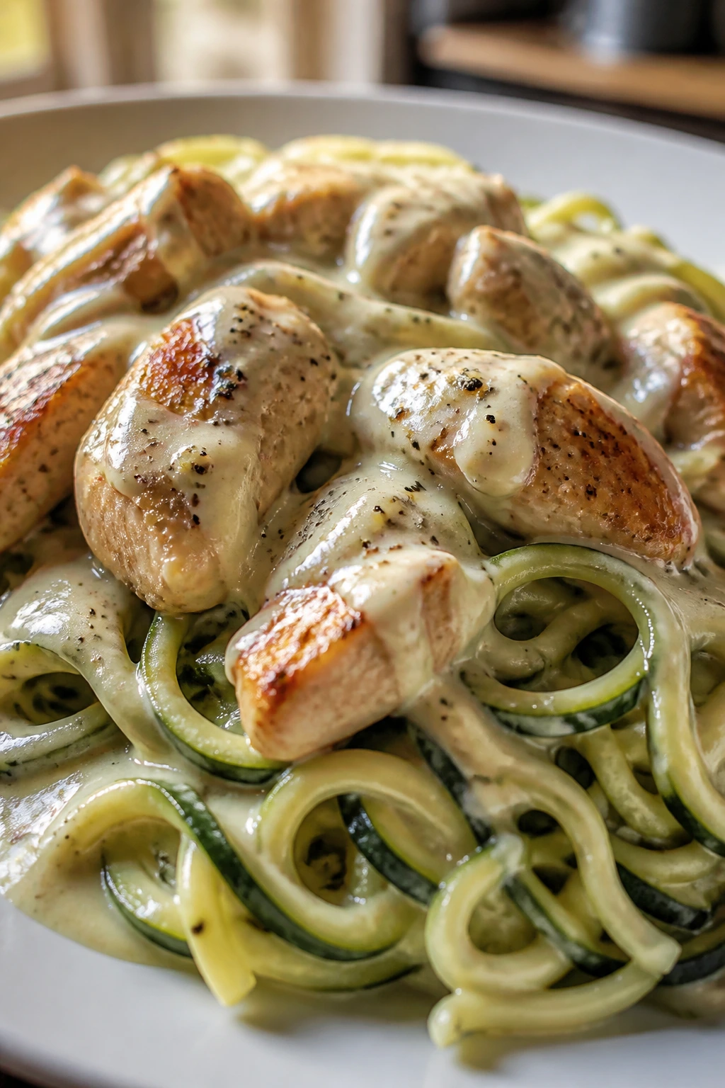 Chicken and Alfredo sauce over zucchini noodles on plate