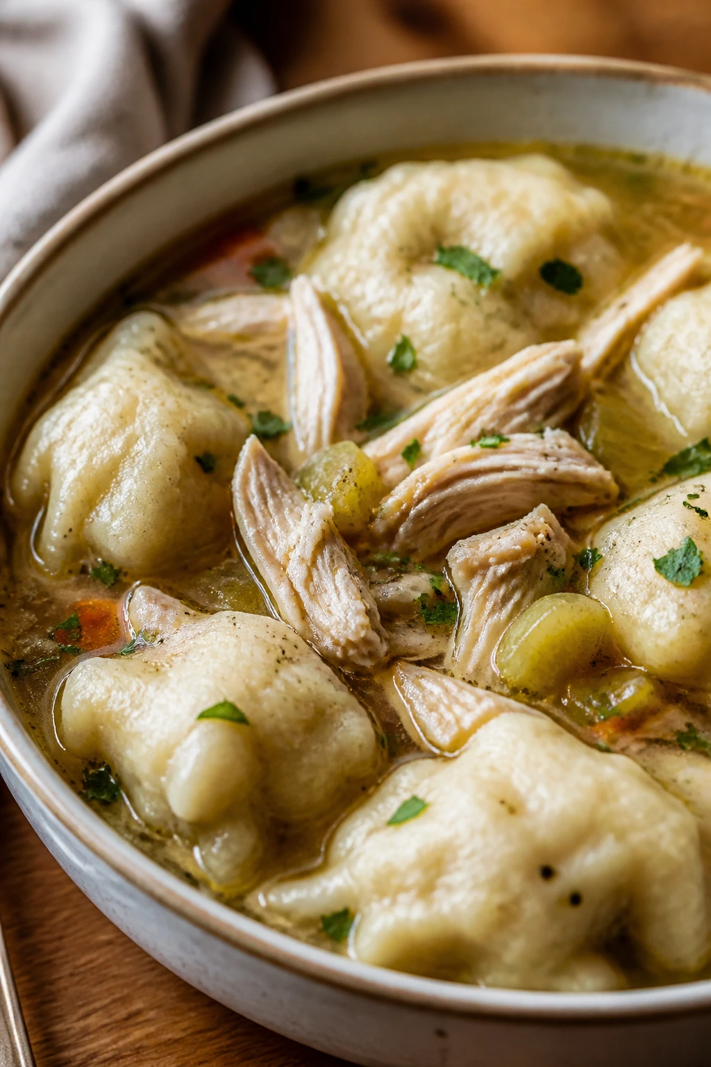 Close-up of a steaming bowl of chicken and dumplings