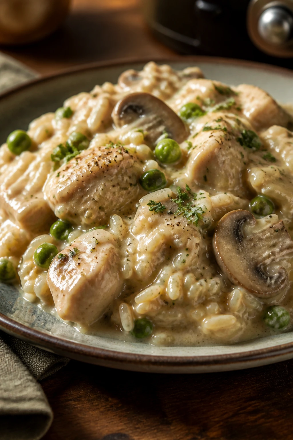 Creamy chicken and rice casserole with peas