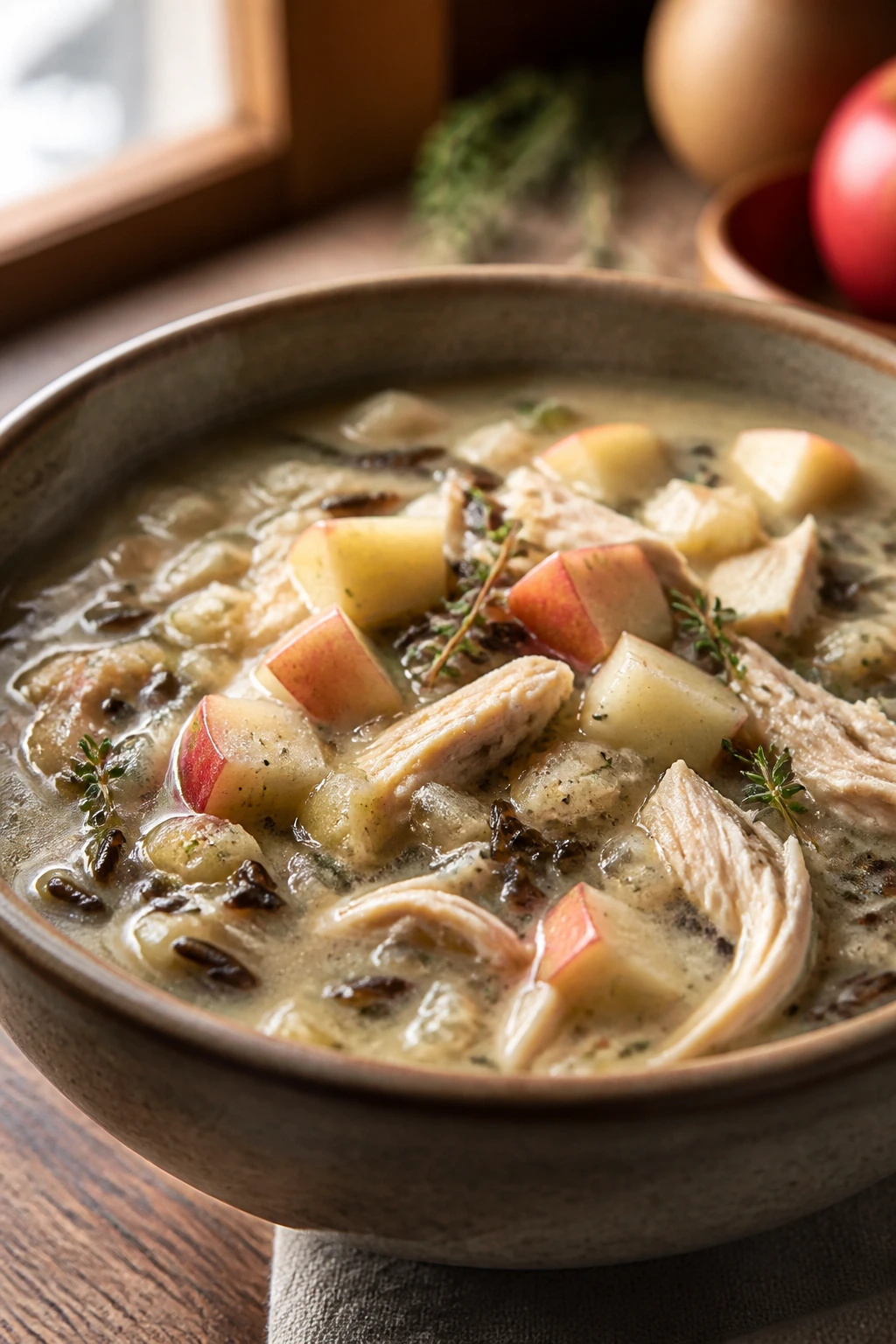Chicken apple cider wild rice soup in a bowl.