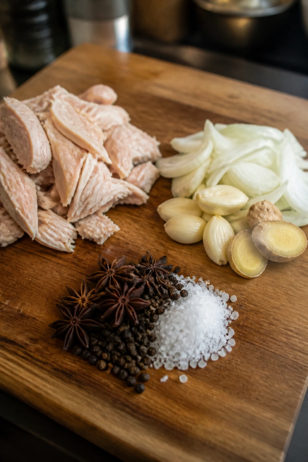 Three piles of chicken, aromatics, and seasonings arranged on a board.