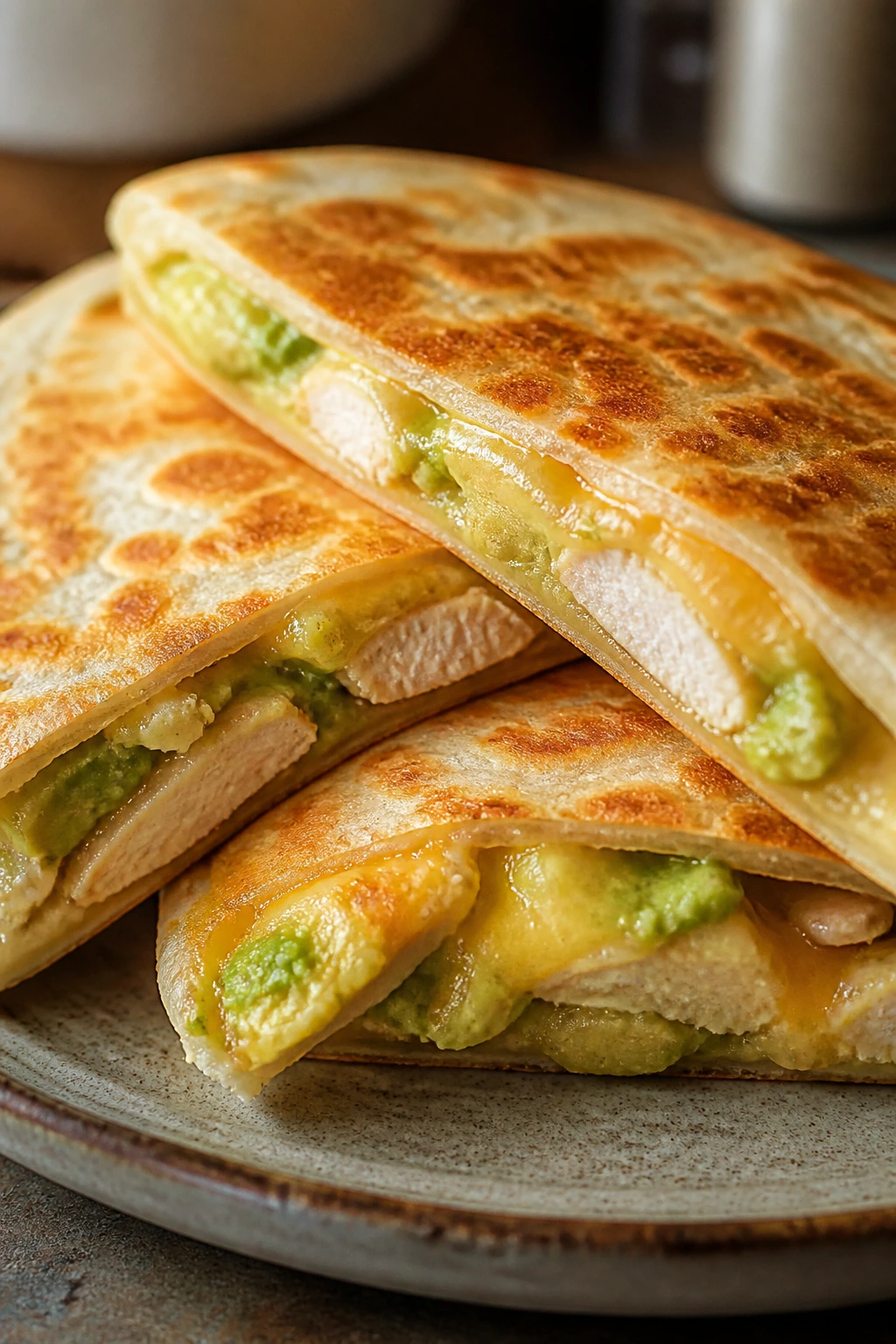Close-up of chicken avocado quesadilla wedges on a plate