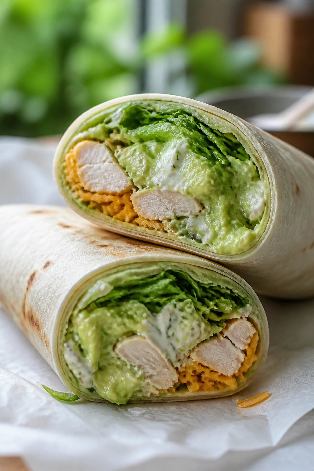 Wrapped chicken avocado ranch wrap with creamy filling visible.