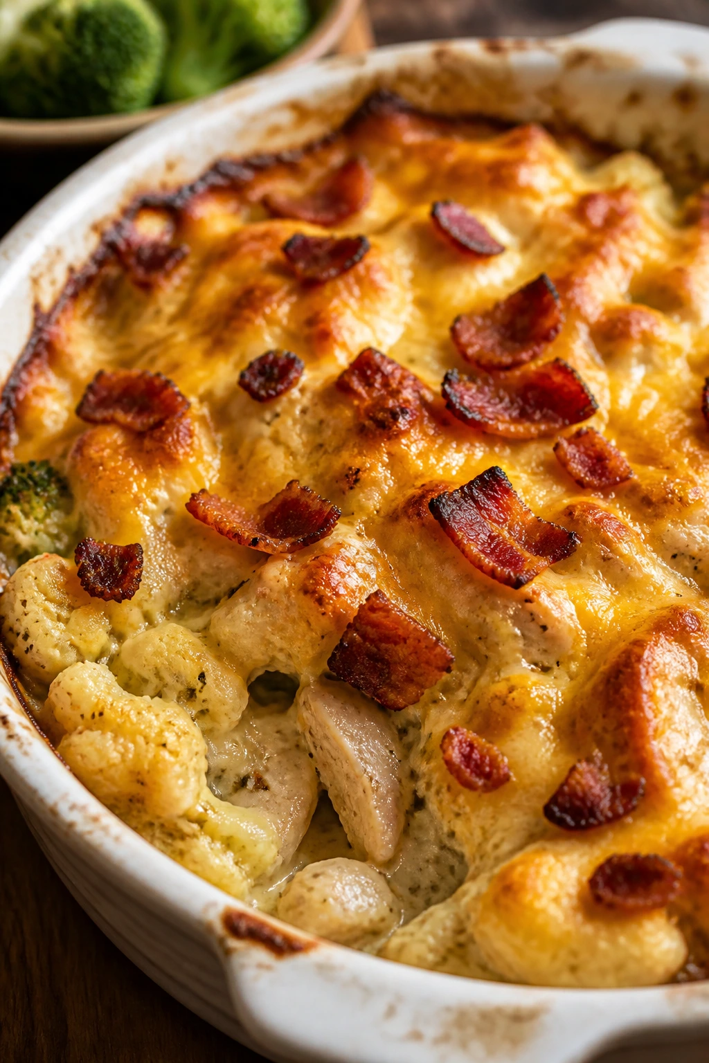 Close-up of creamy chicken bacon ranch casserole with cheese top