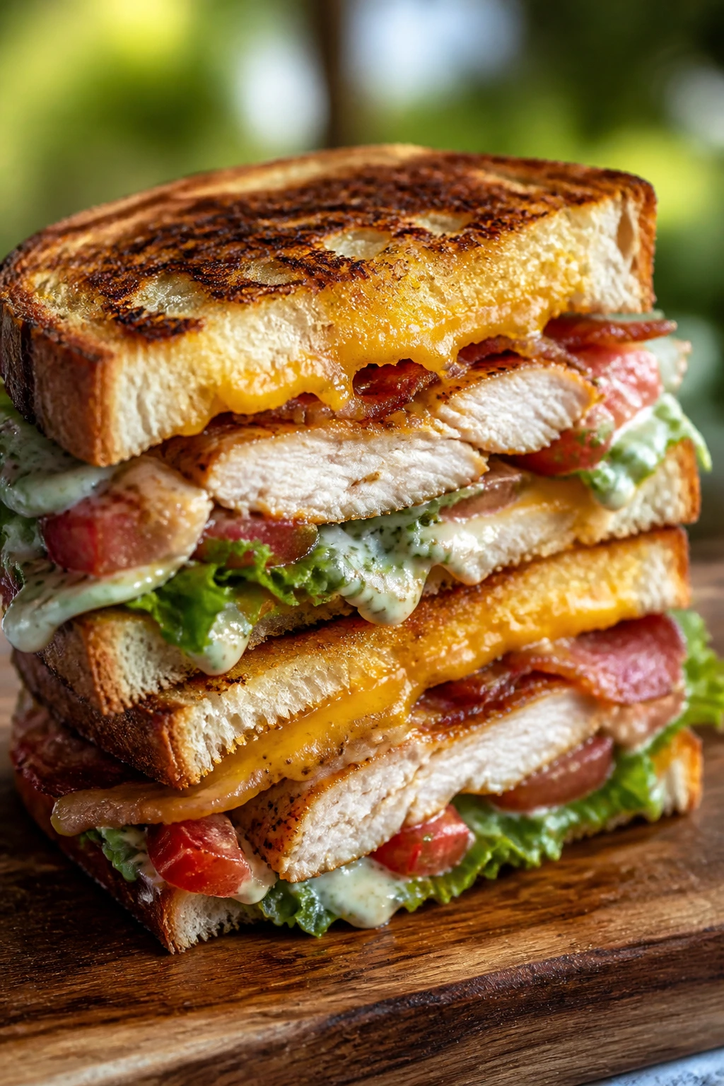 Close-up of chicken bacon ranch club sandwich showing multiple layers