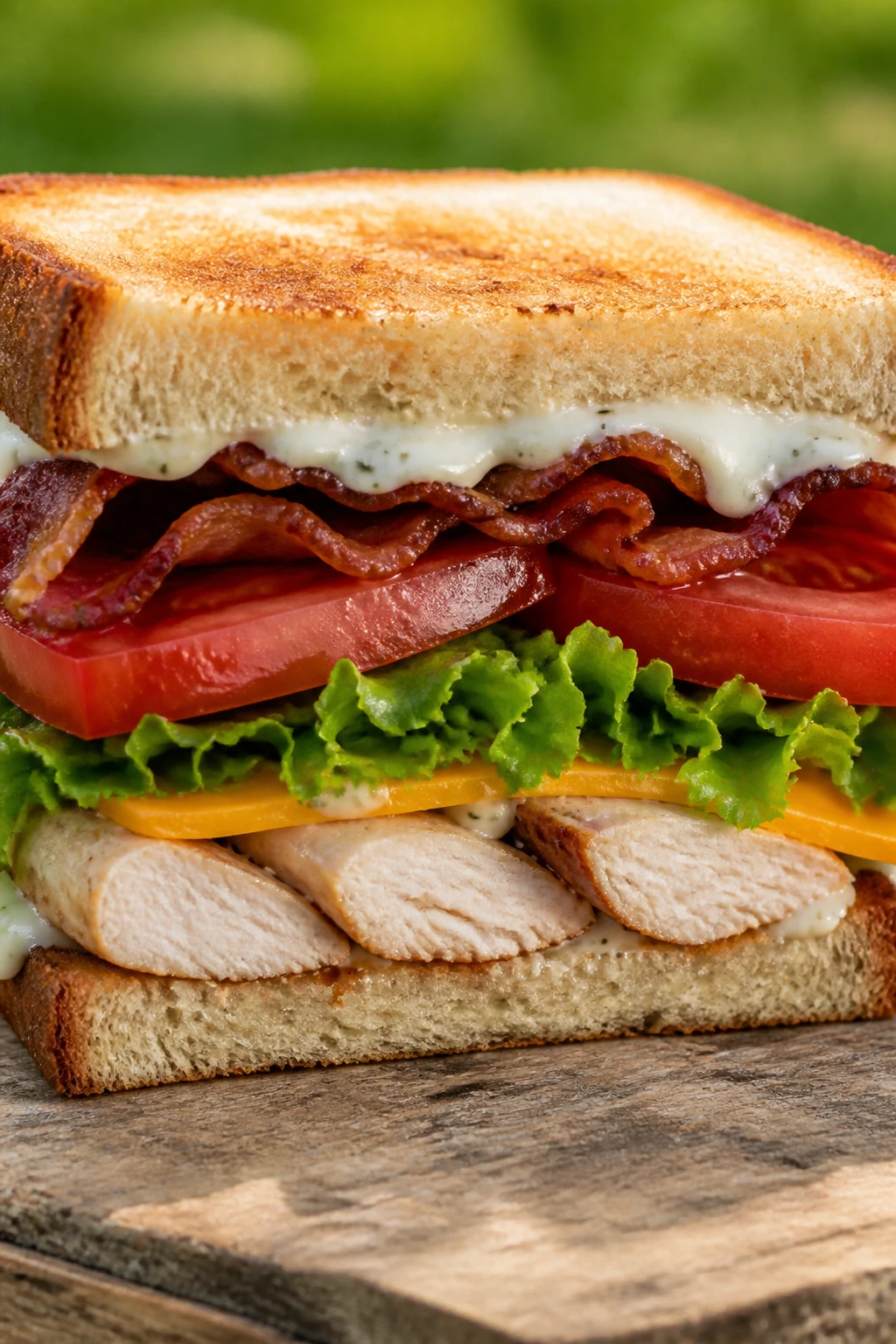 Close-up cross-section of Chicken Bacon Ranch Sandwich on wooden board outdoors