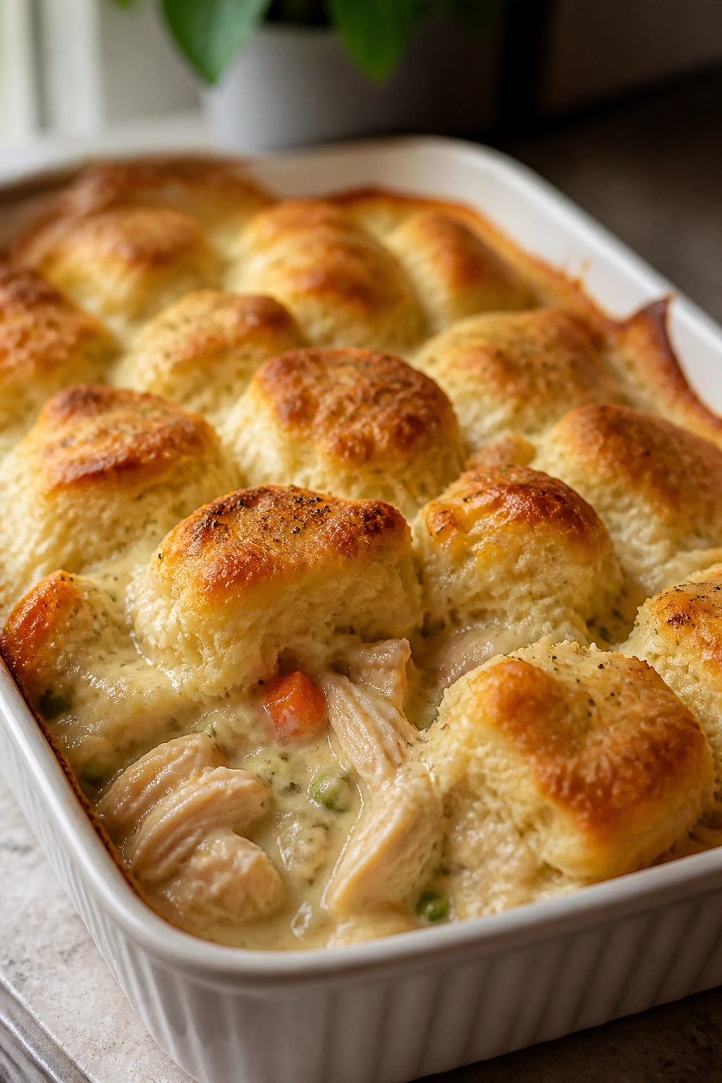 Creamy chicken bake topped with golden biscuits in a baking dish