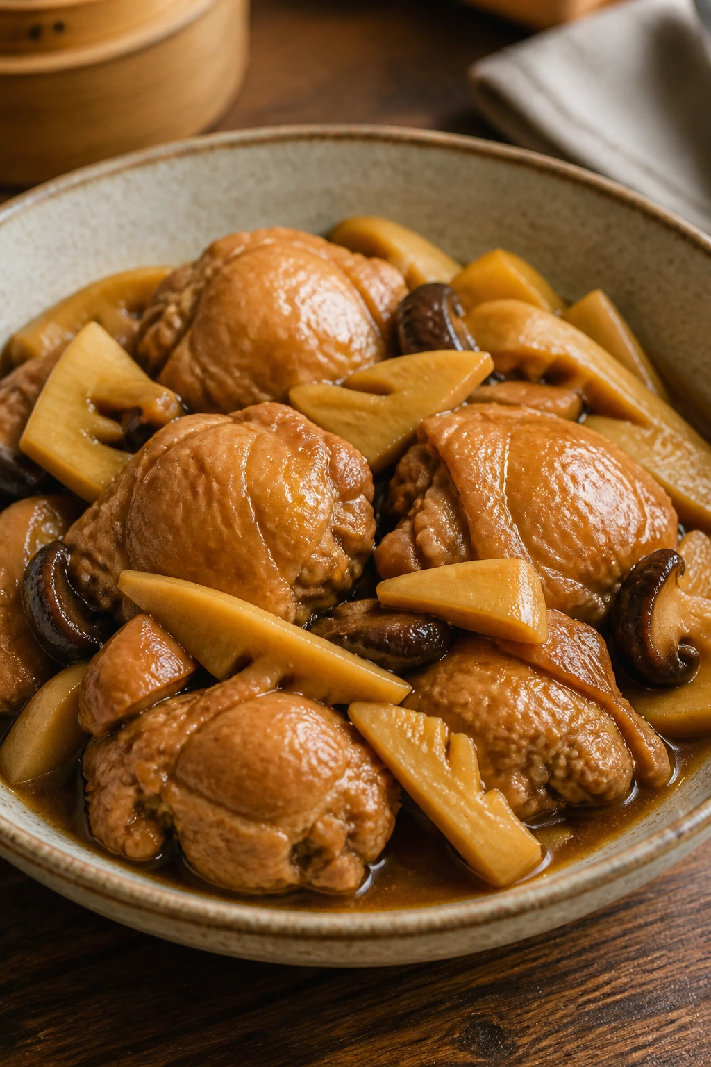 Tender chicken thighs with bamboo shoots in savory sauce in a bowl