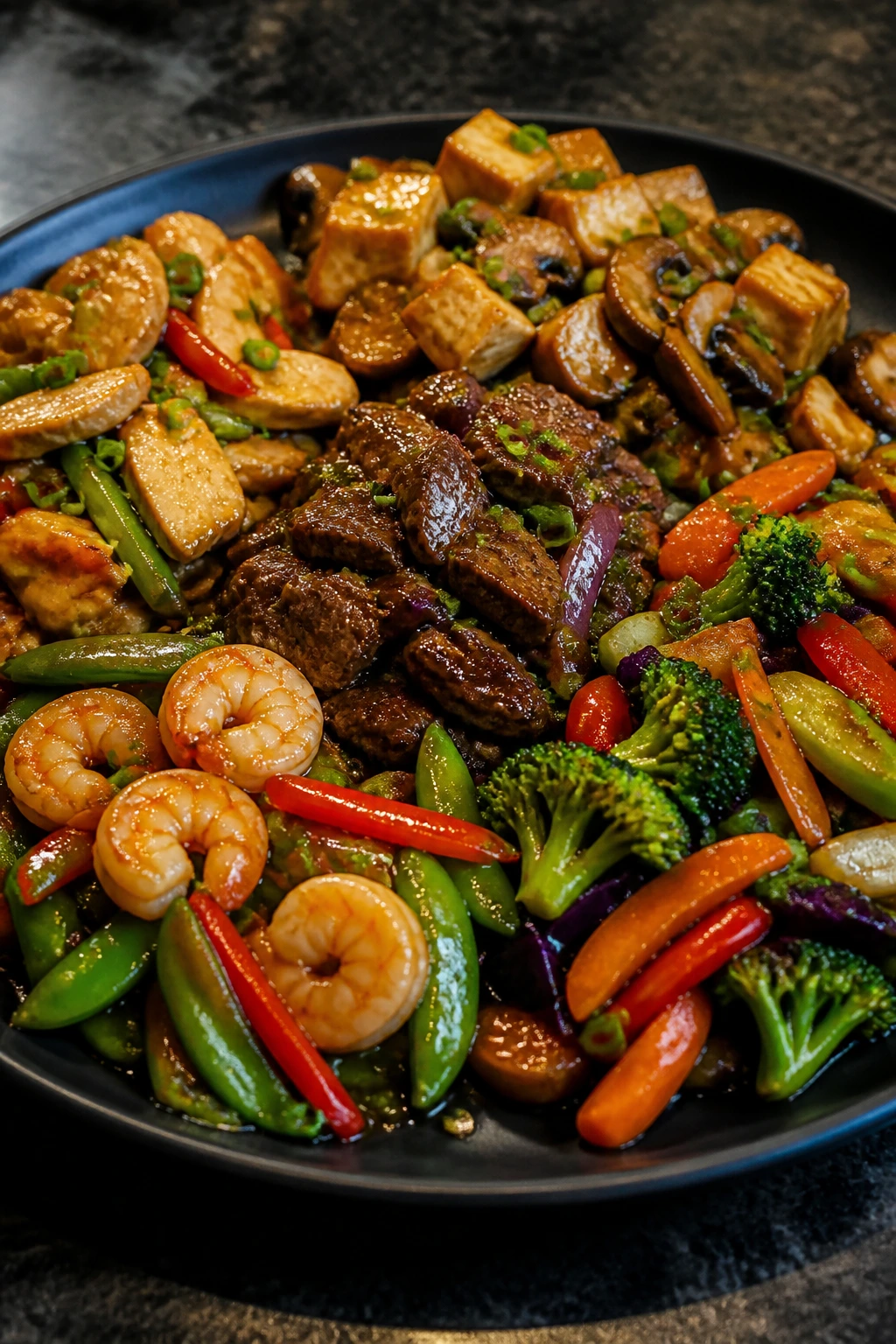 Colorful stir-fry plate with chicken, beef, tofu, shrimp and vegetables