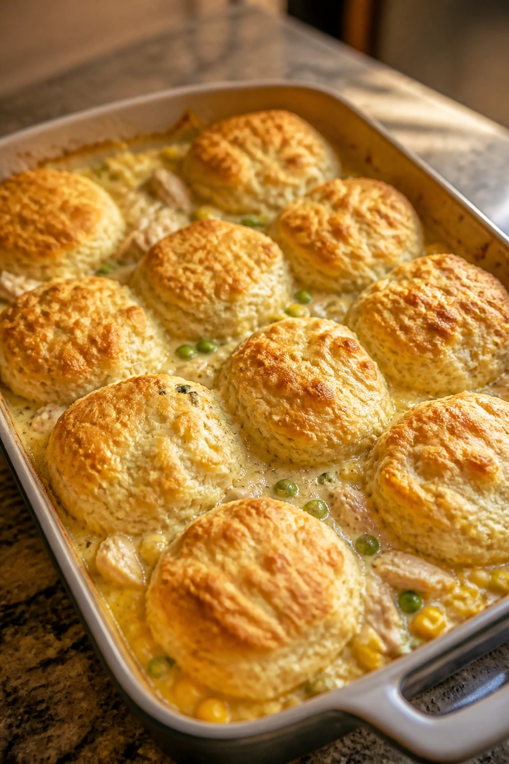 Baking dish with chicken biscuit bake bubbling on top