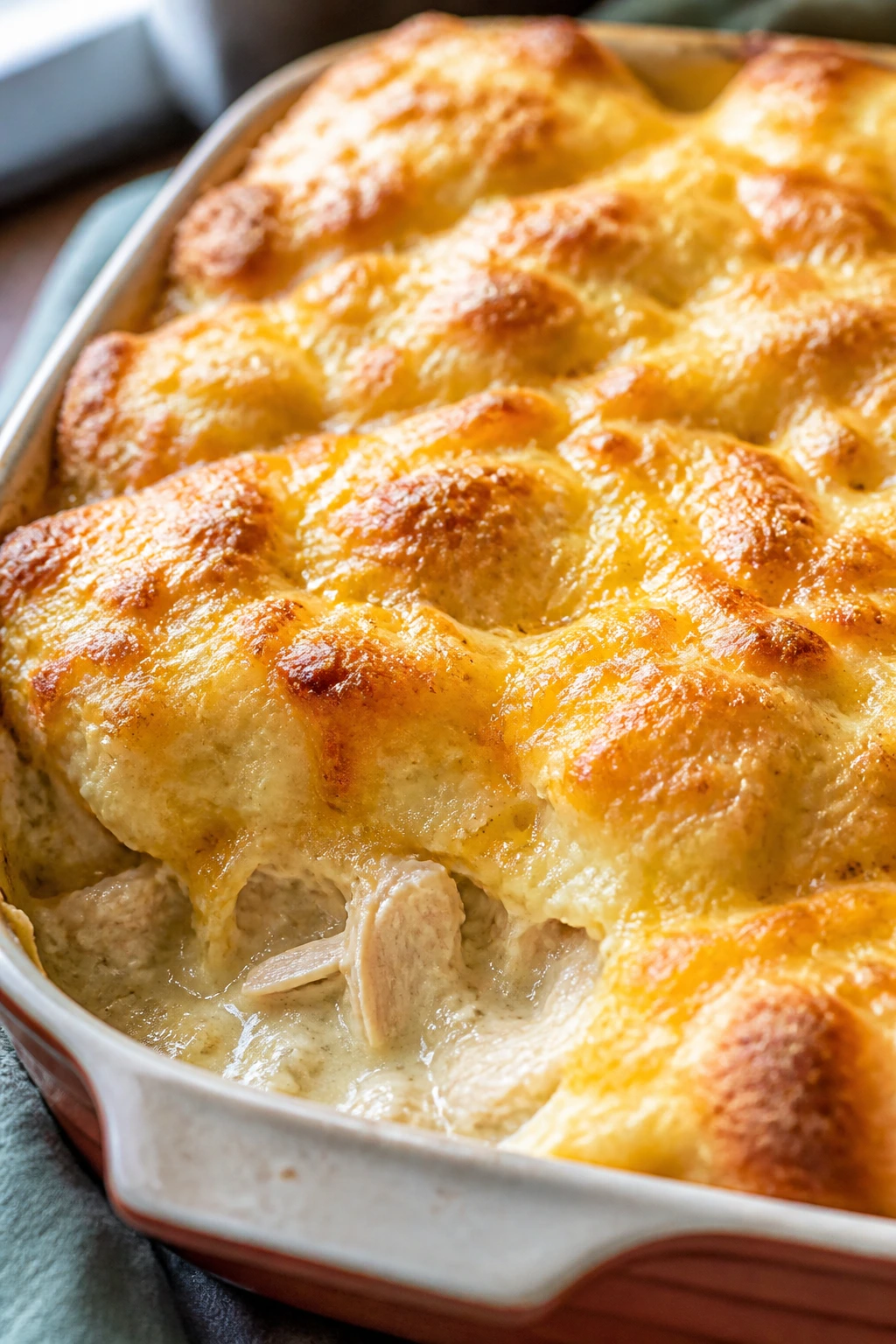 Golden biscuit-topped chicken bake in a baking dish