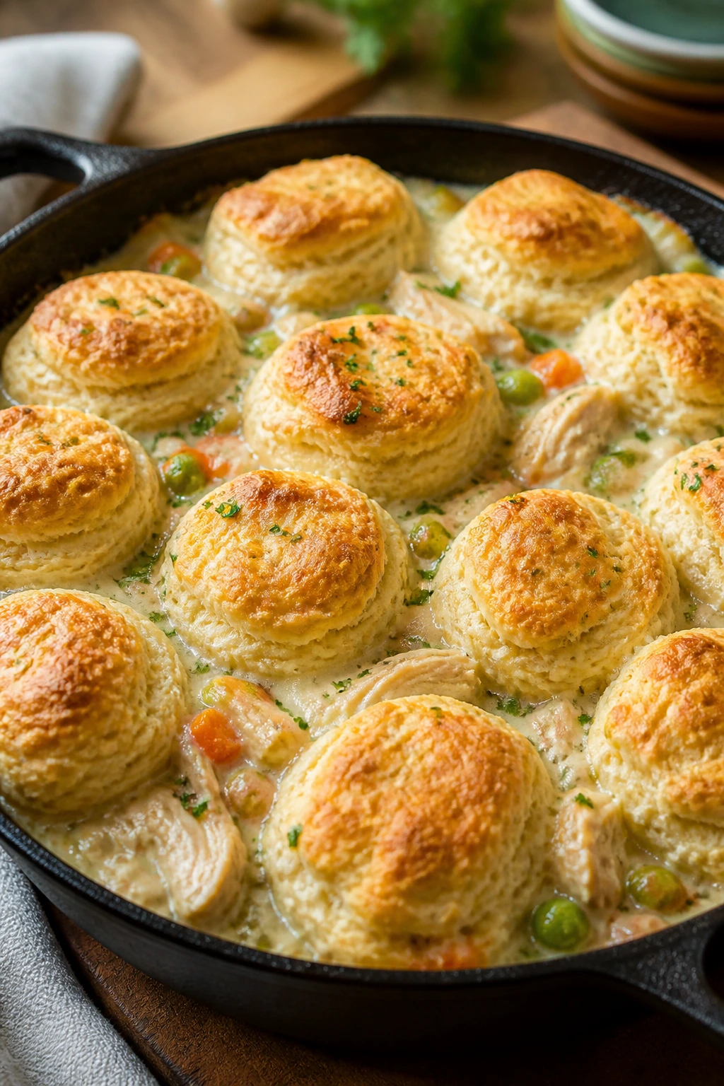 Chicken and biscuit skillet in a home kitchen