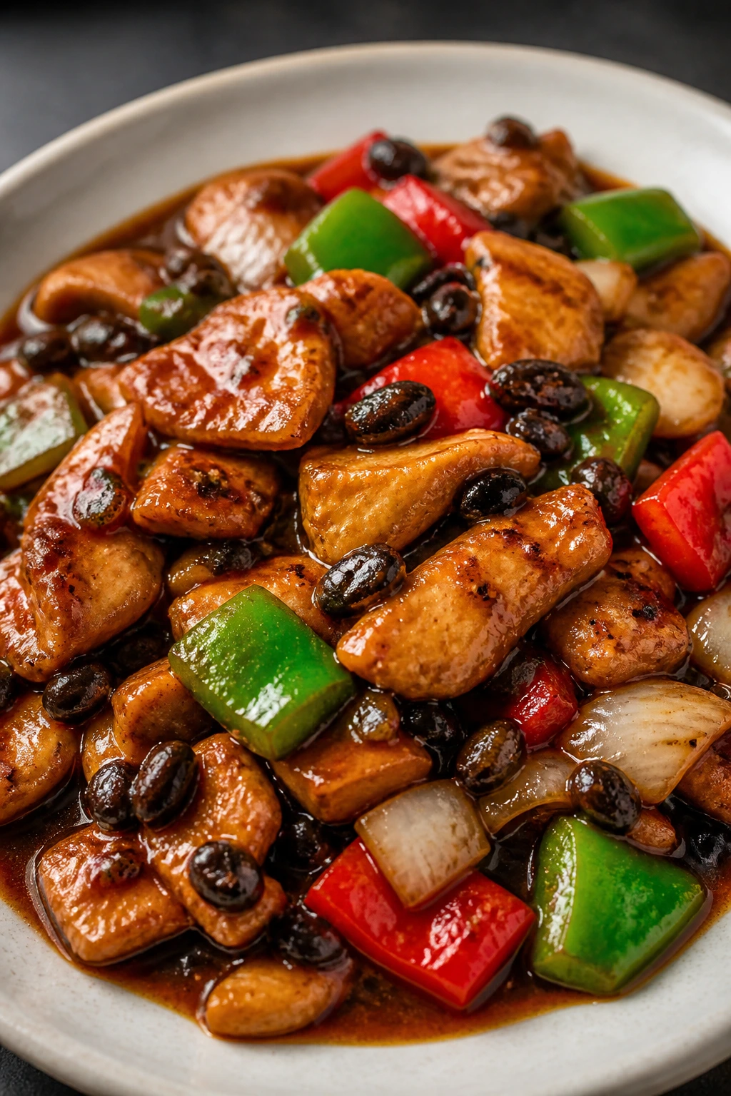 Close-up of Chicken with Black Bean Sauce featuring chicken, black beans, peppers in glossy sauce