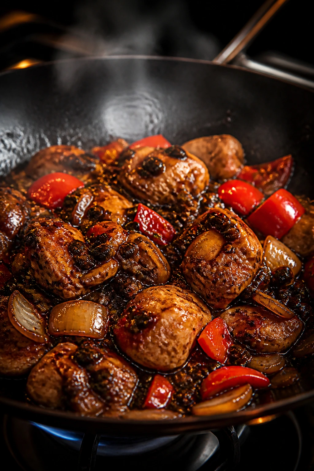 Juicy chicken thighs in black bean sauce with peppers