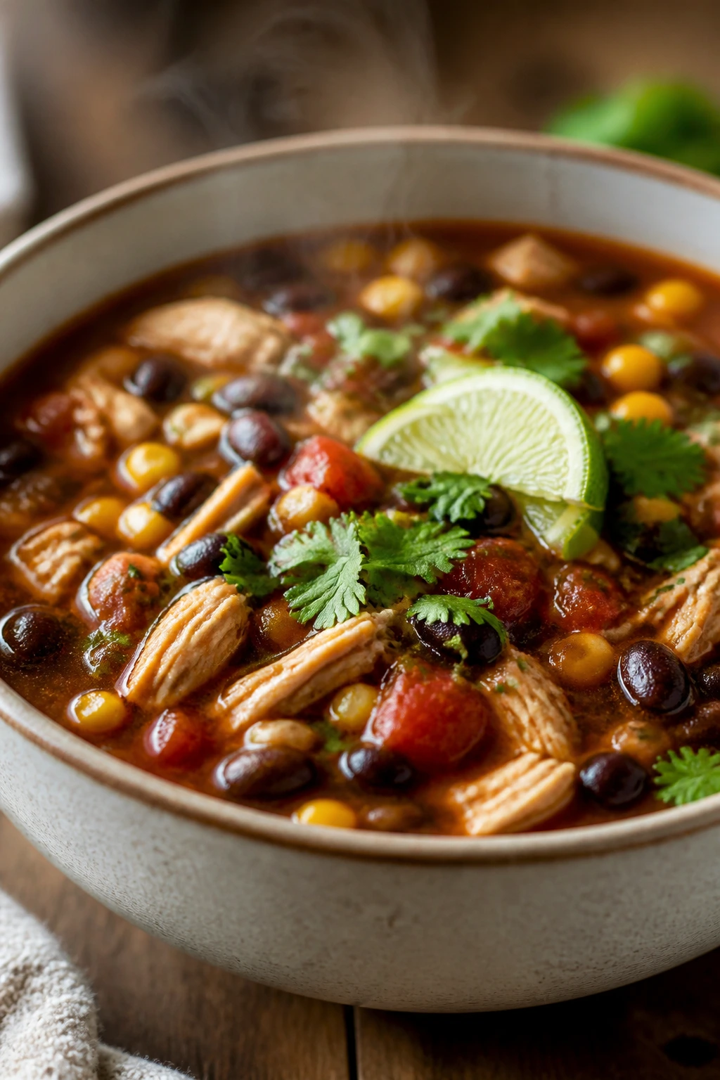 Hearty chicken and black bean soup in a bowl