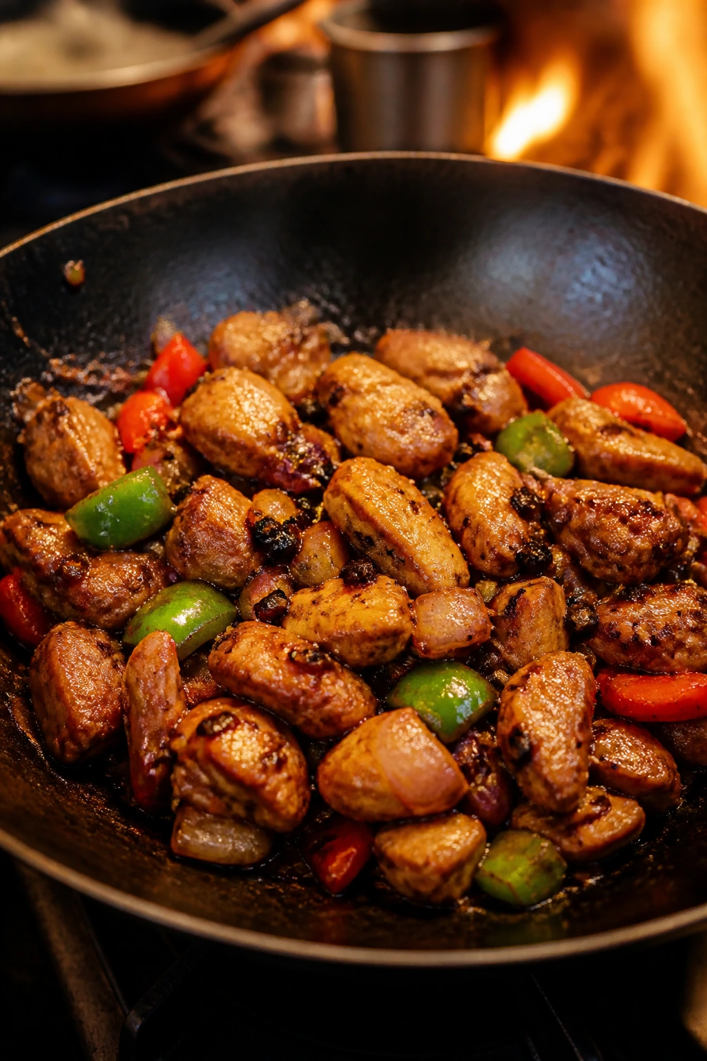 Close-up of chicken with fermented black beans and vegetables in stir-fry
