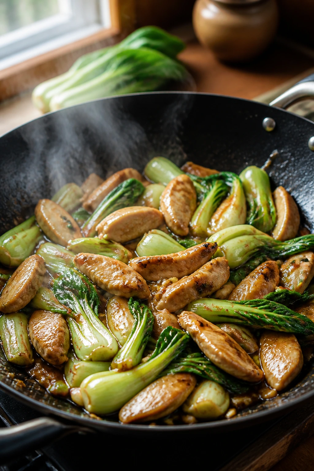 Close-up of chicken and bok choy stir-fry in a wok
