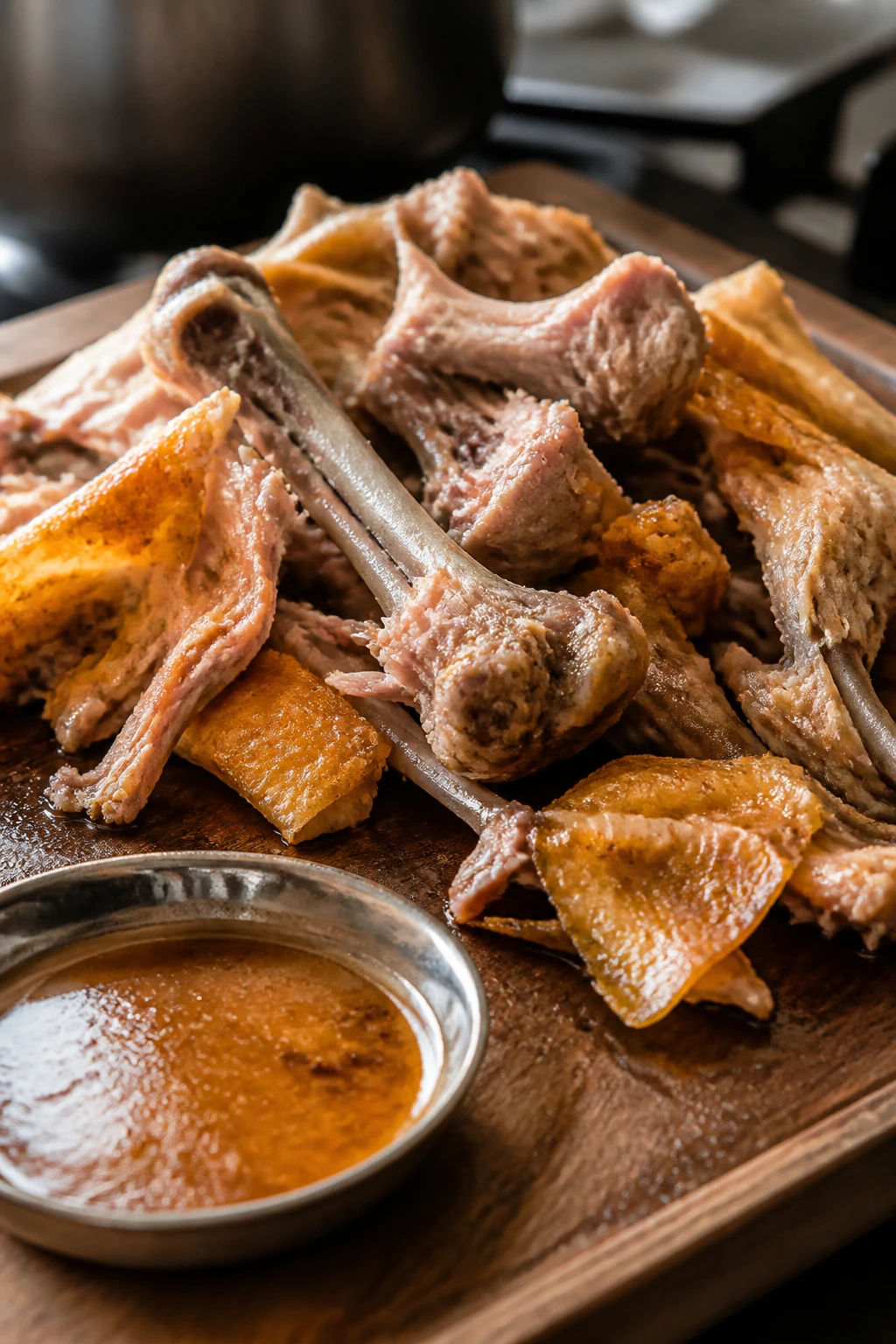 Roasted chicken bones and skin scraps with pan juices on a cutting board