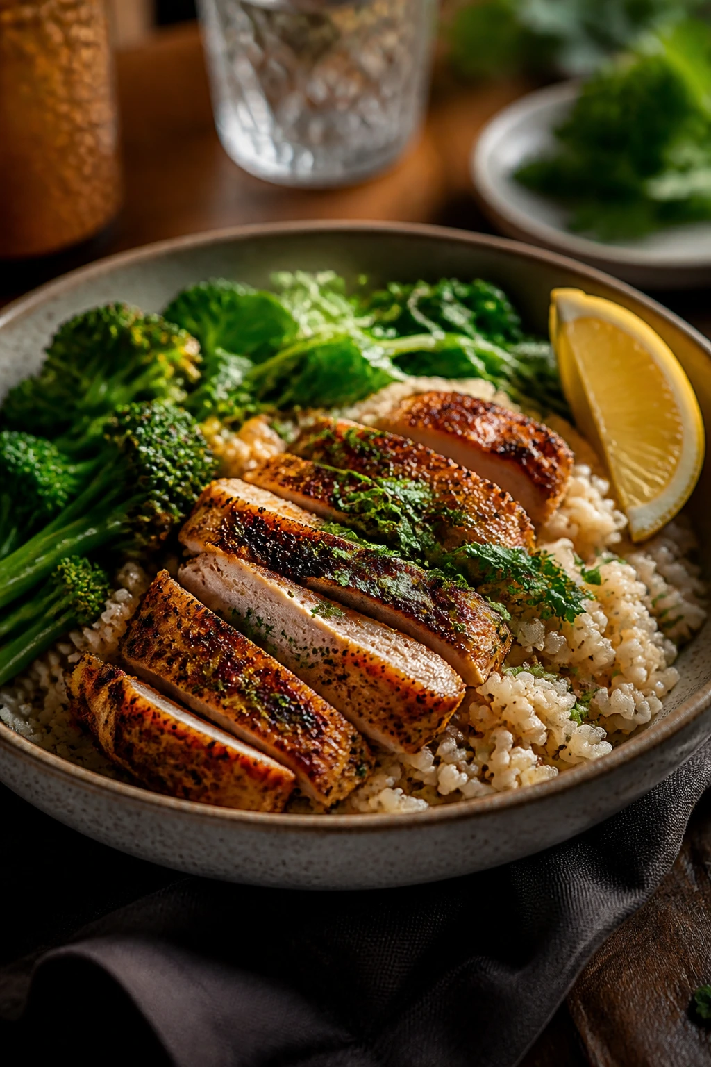 Plated chicken and rice bowl with herbs and lemon on a dining table.