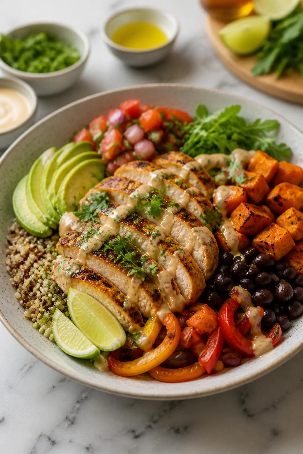 Plated chicken bowl with assorted toppings for variations.