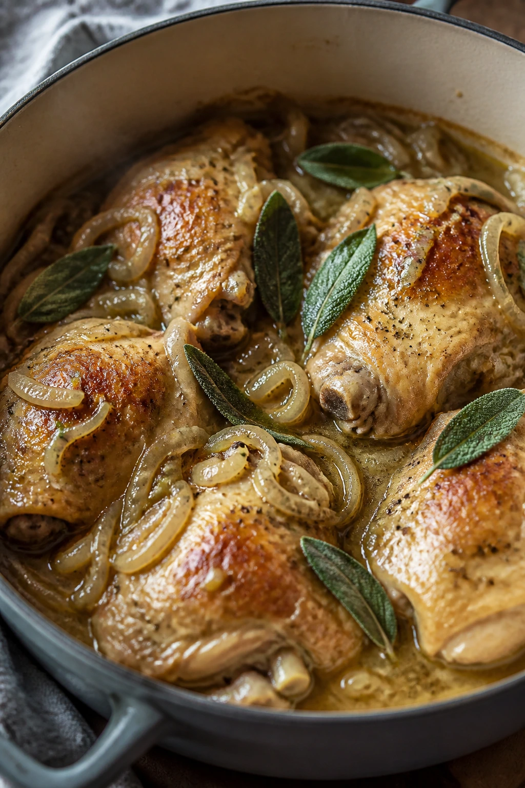 Close-up of bone-in chicken braised in wine with onions and sage.