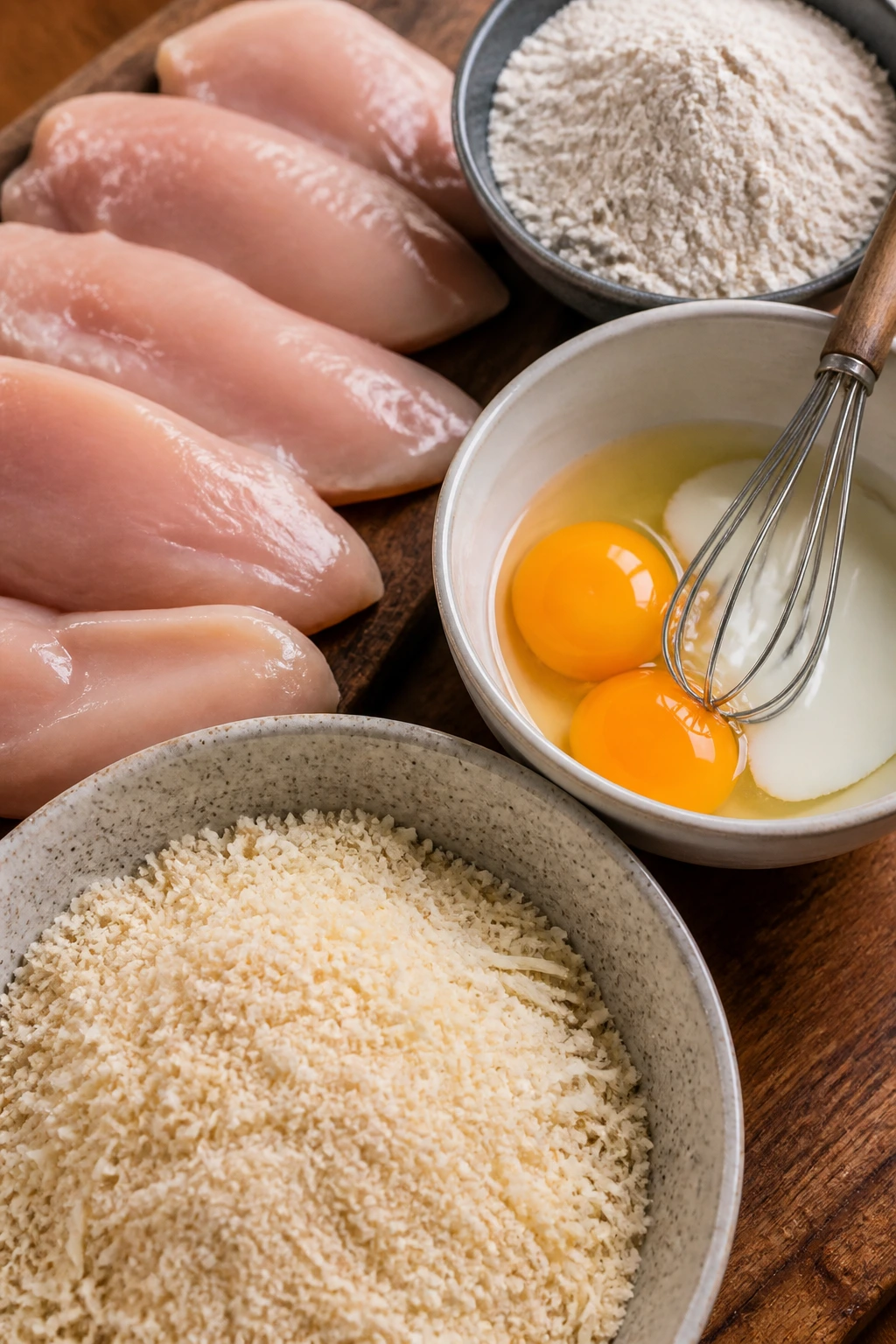 Close-up of essential ingredients for crispy chicken breading on a wooden board.