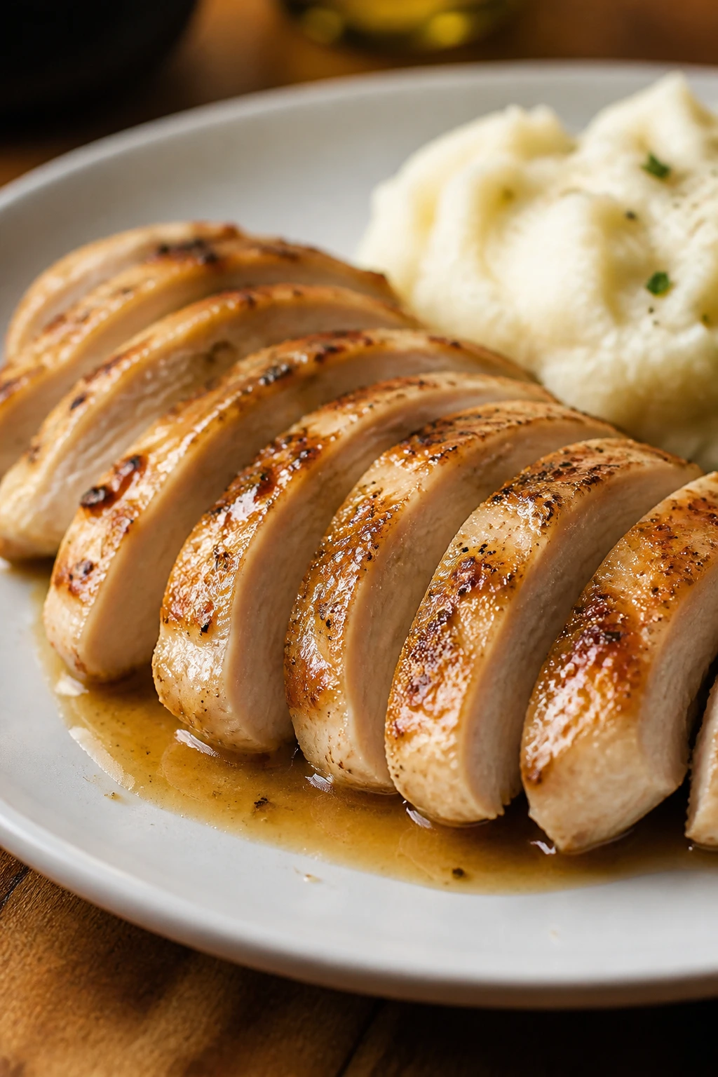 Sliced chicken breast fans on a plate with light pan sauce, ready for a simple dinner.