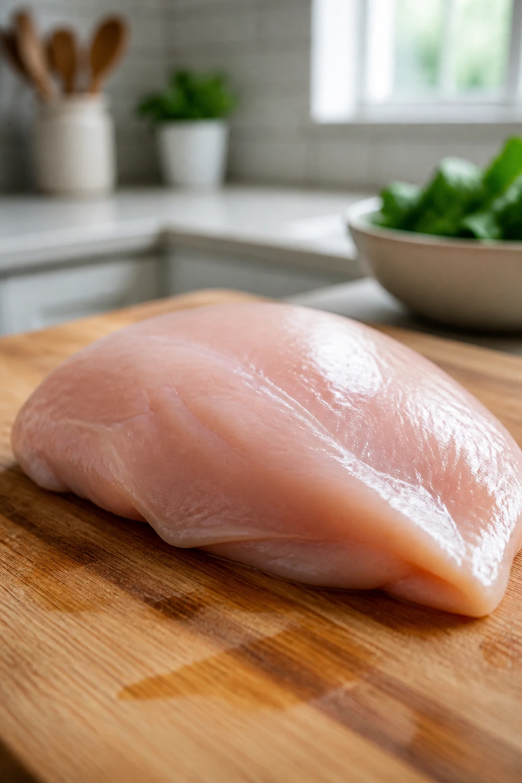 Raw chicken breast on cutting board as a grocery staple