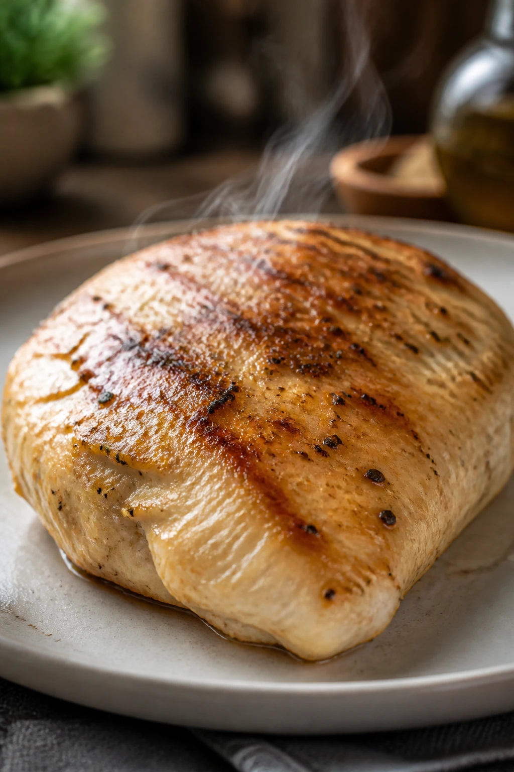 Close-up of a cooked chicken breast plated for a lean protein meal