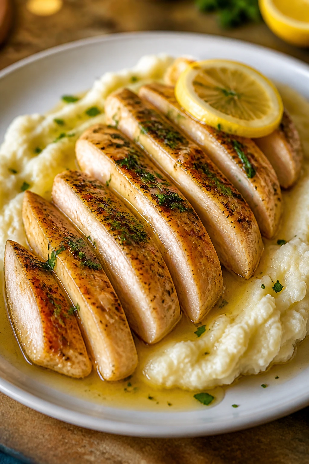 Close-up of sliced chicken on mashed potatoes with lemon butter sauce