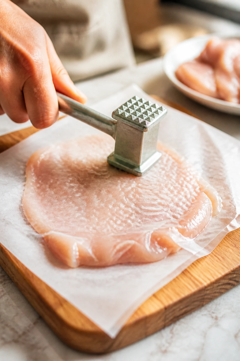 Raw chicken breast being flattened to even thickness on a cutting board