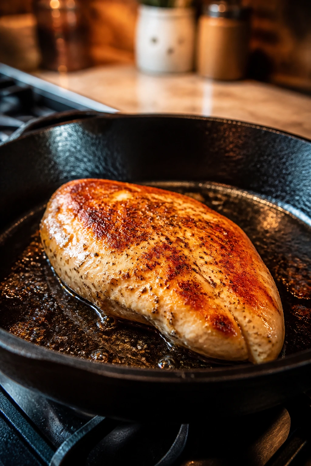 Close-up of a chicken breast browning in a cast-iron skillet on a stove
