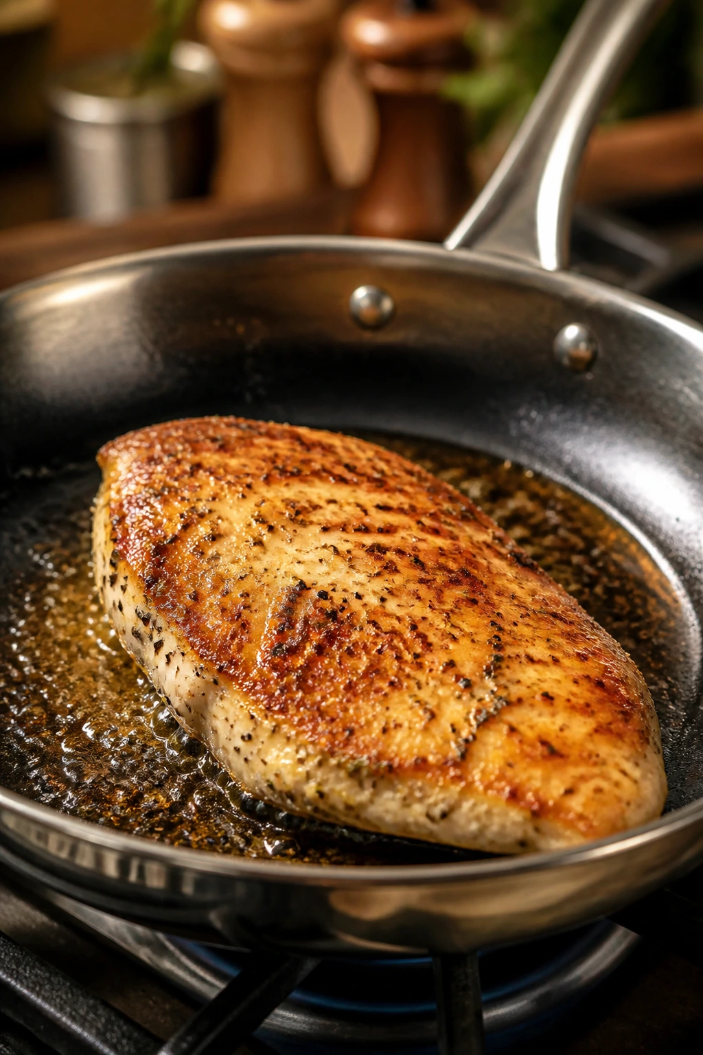 Juicy chicken breast browning in hot skillet