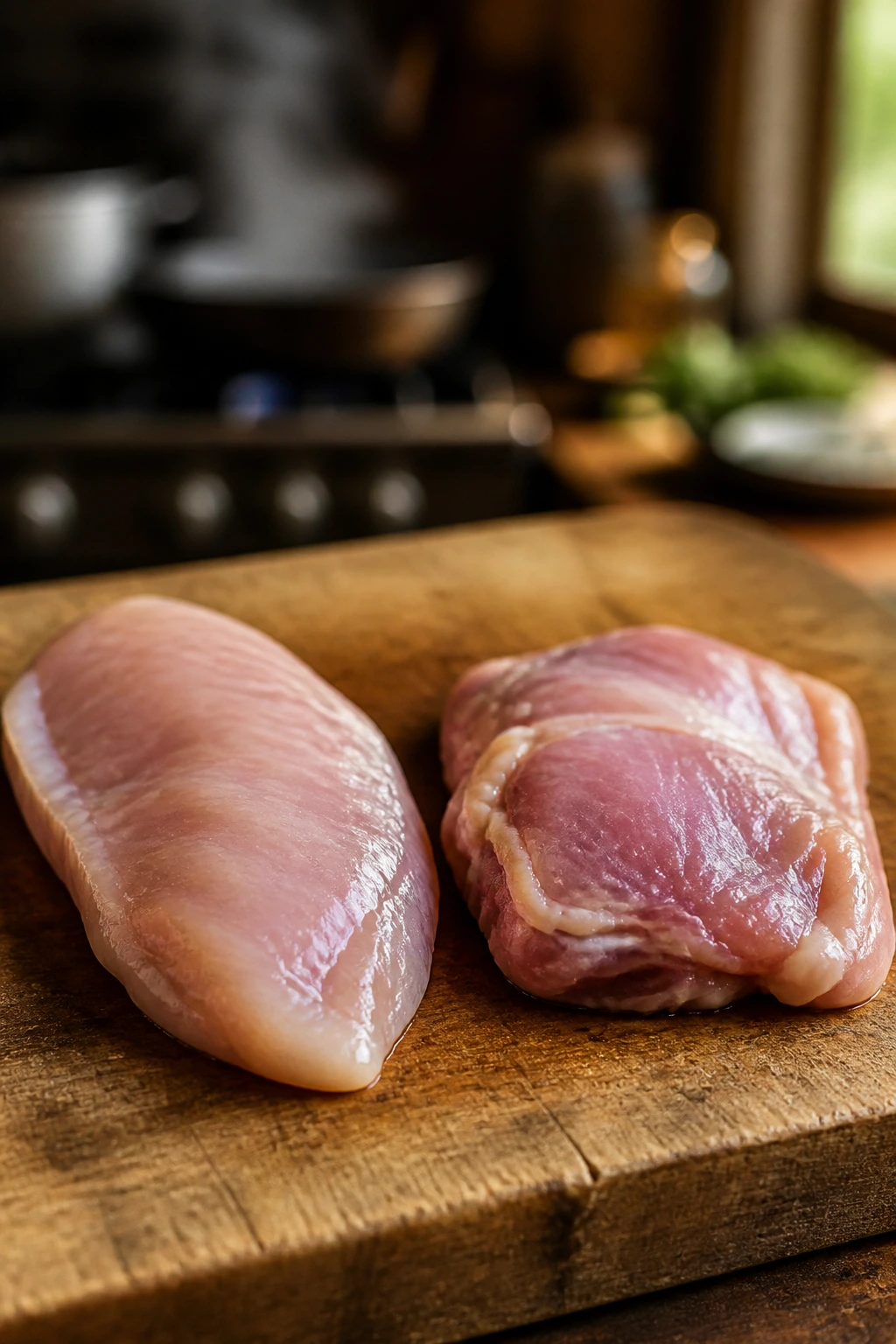 Chicken breast and thigh cuts on cutting board showing tenderness differences