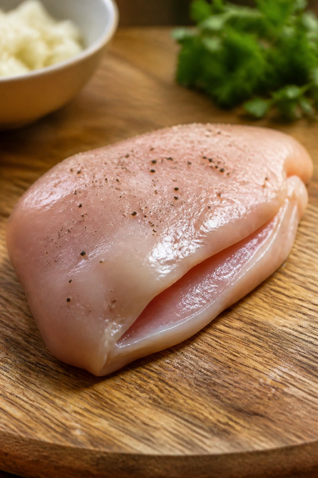 Single seasoned chicken breast on cutting board ready for stuffing