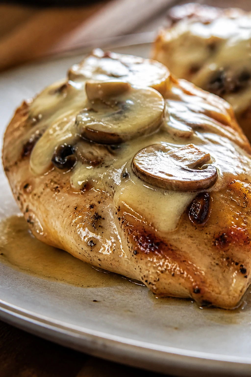Close-up of chicken breast with mushrooms and melted Swiss cheese