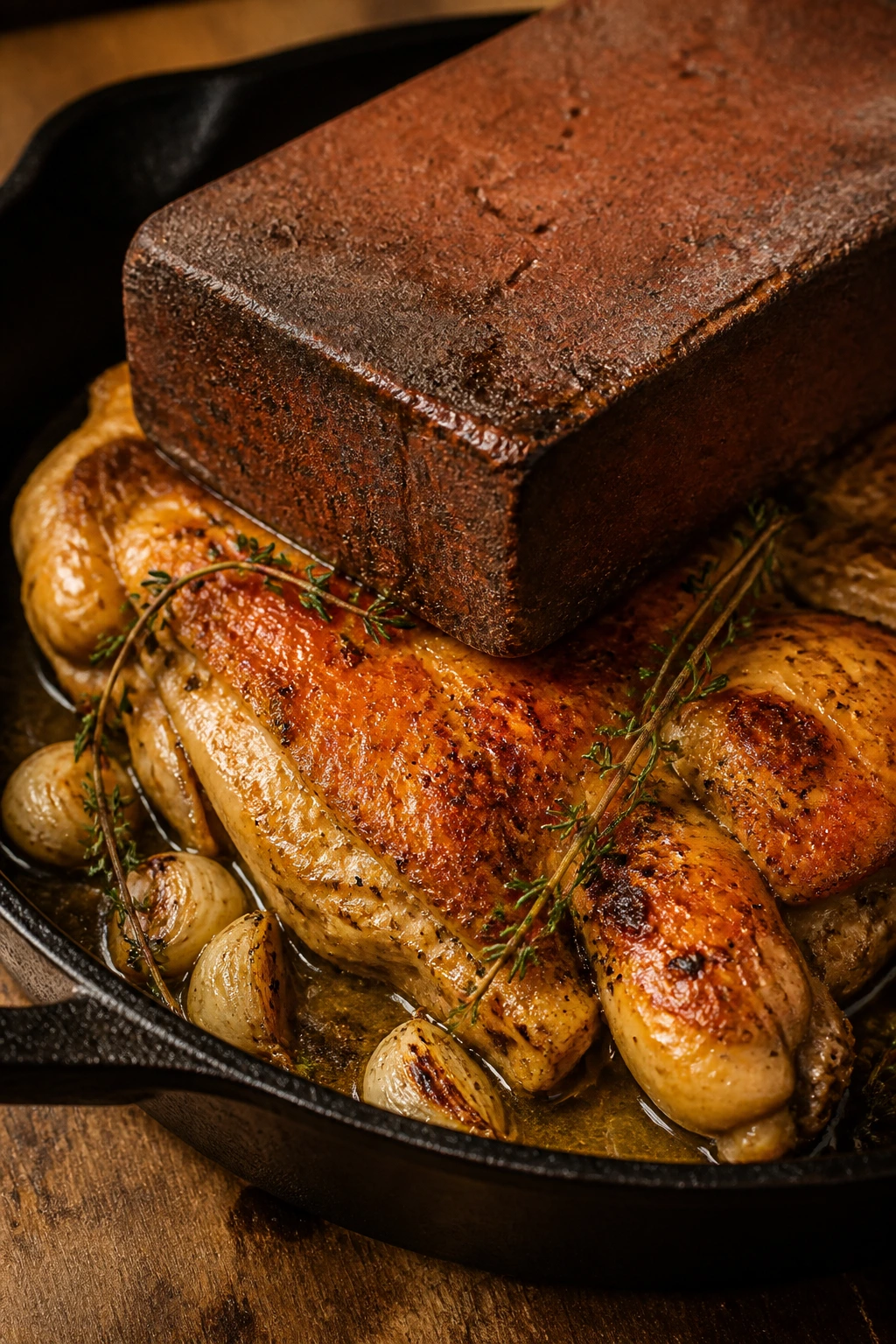 Crispy chicken under a brick with garlic and thyme