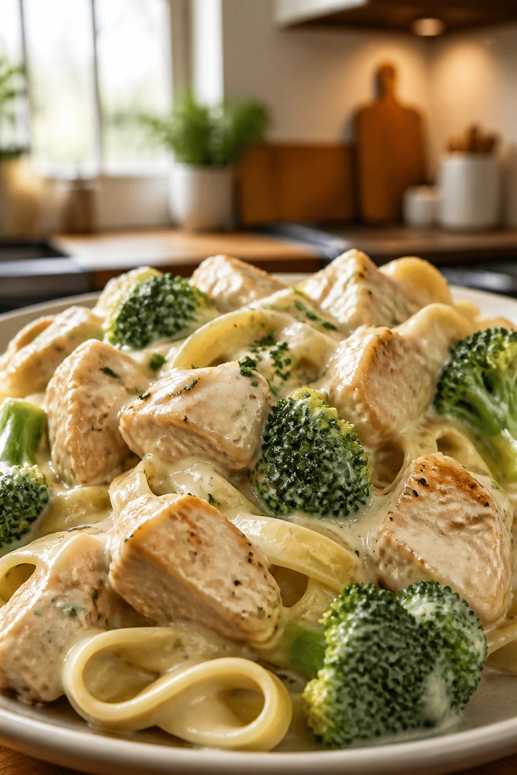 Fettuccine with chicken and broccoli in creamy Alfredo sauce