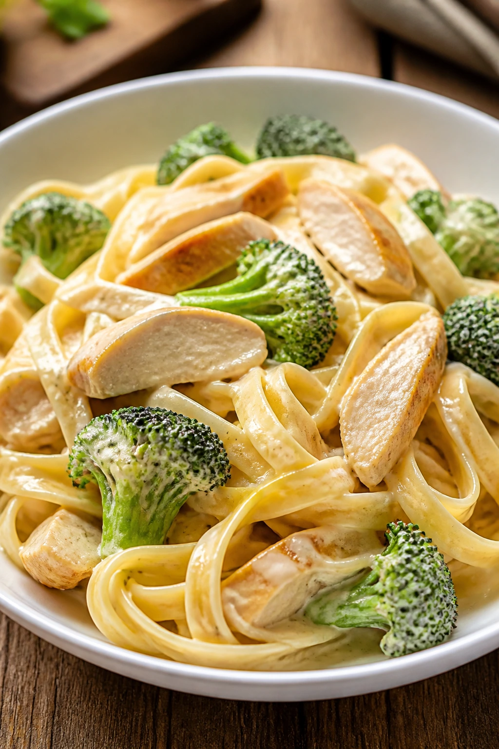 Creamy chicken broccoli alfredo in a bowl on a wooden table