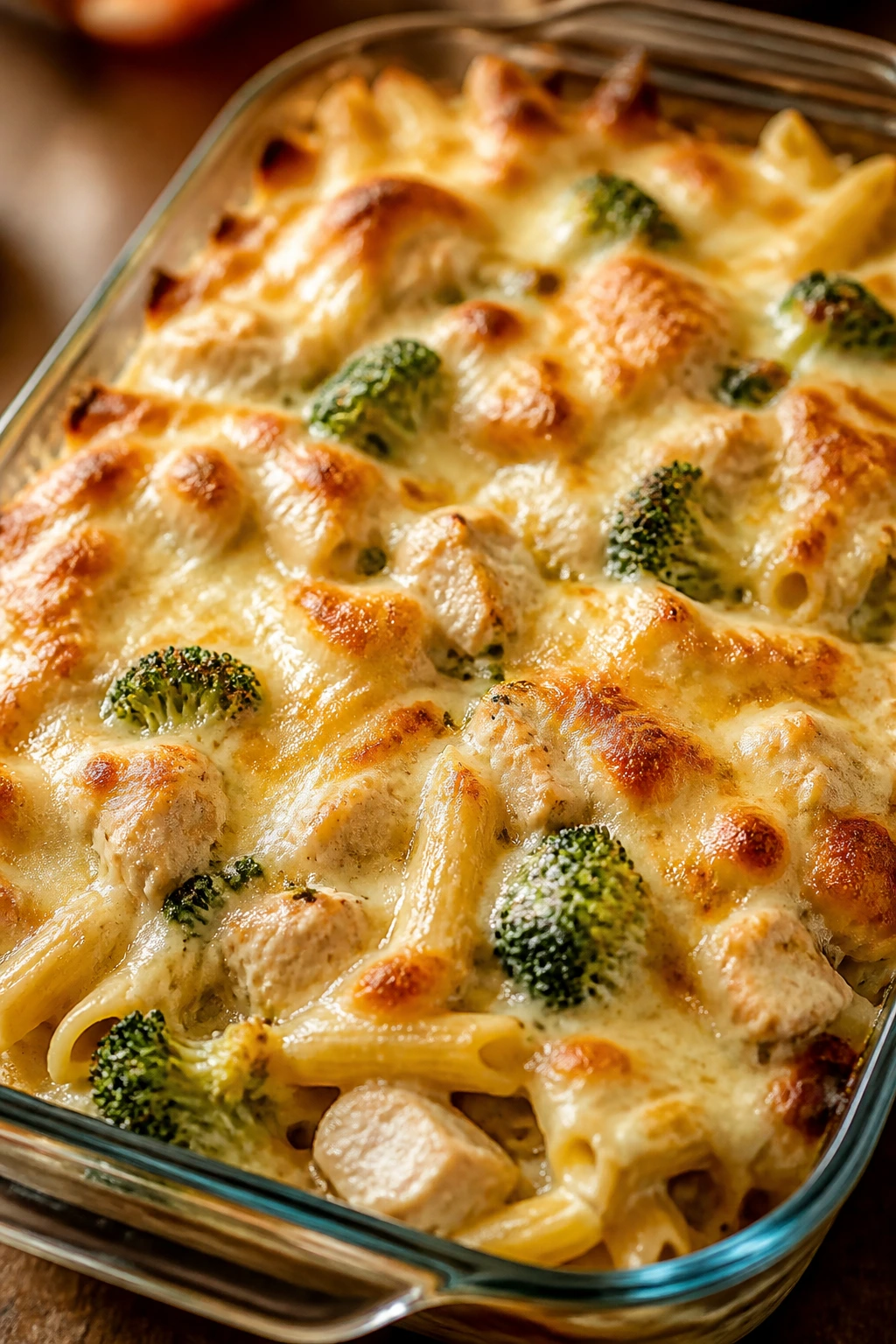 Creamy chicken and broccoli Alfredo bake in a casserole dish