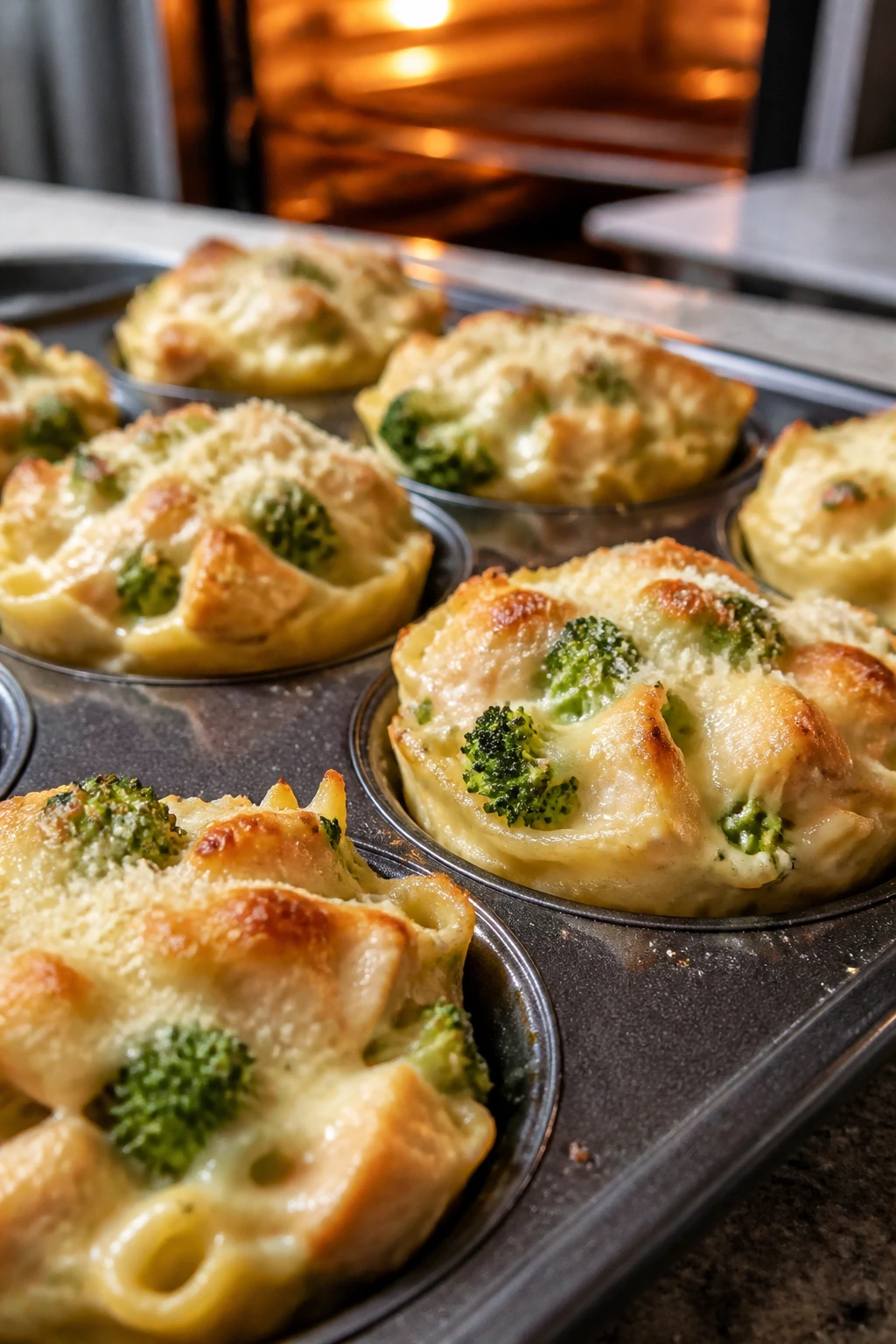 Close-up of chicken broccoli alfredo cups in muffin tin