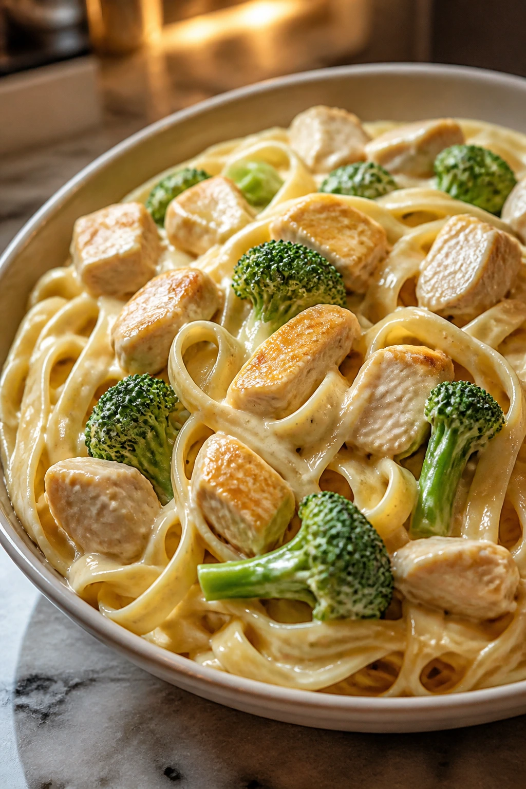 Bowl of chicken broccoli alfredo with creamy sauce and broccoli florets