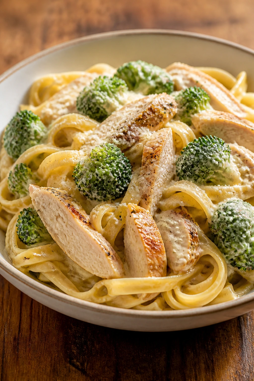 Creamy pasta with chicken and broccoli in a bowl