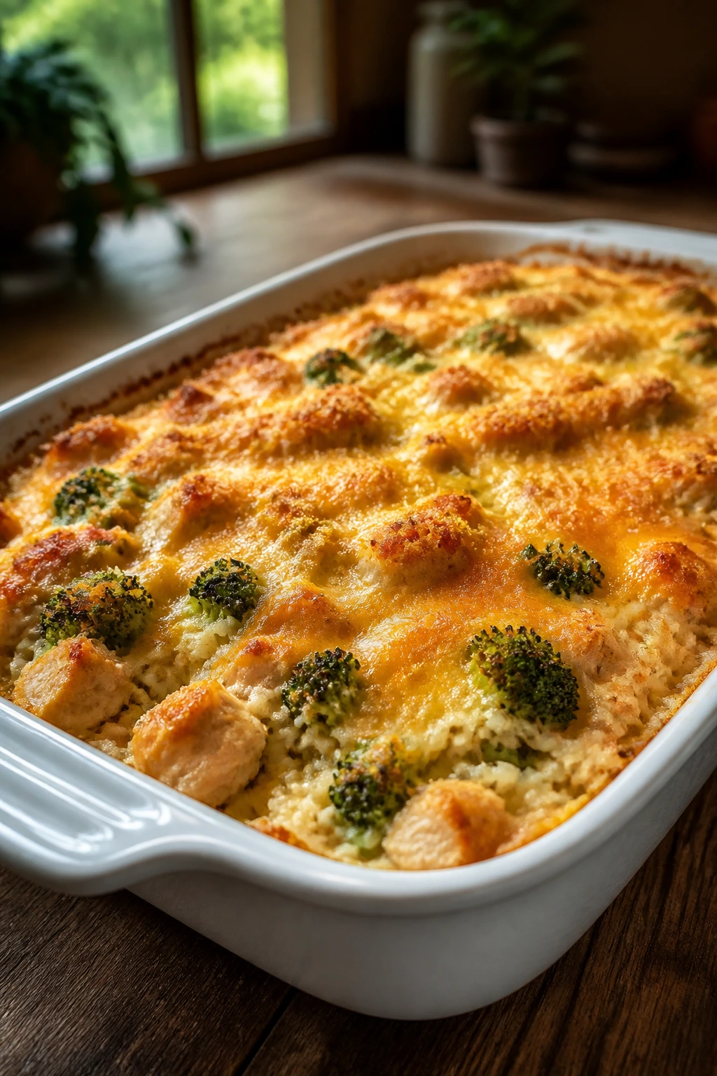 Close-up of creamy chicken broccoli rice bake with golden cheese crust in a glass 9x13 dish