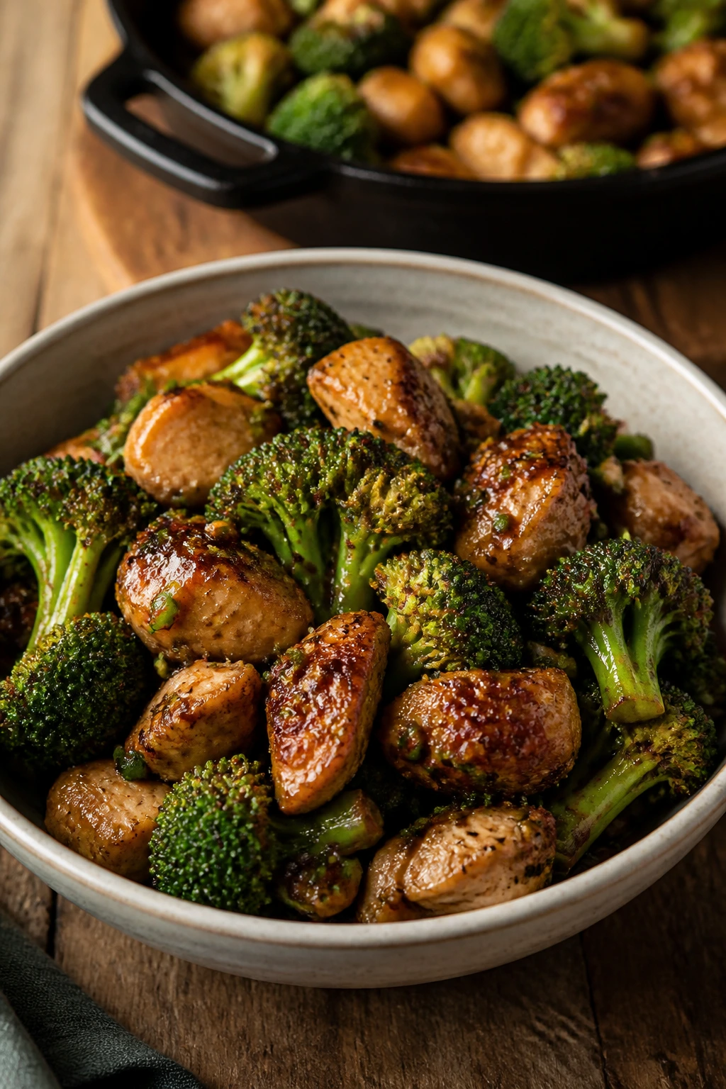 Close-up of a chicken and broccoli bowl with sesame oil sheen in a cozy kitchen